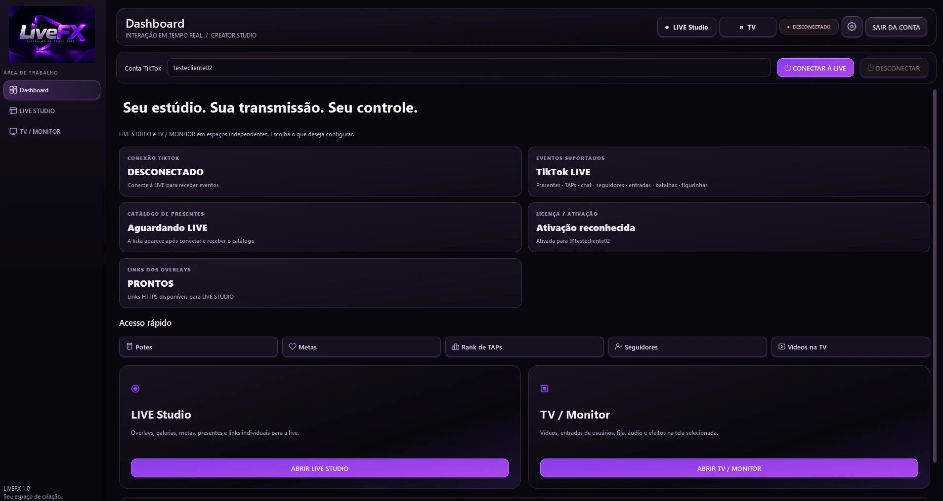 Interface real do dashboard LiveFX com controles LIVE Studio e TV